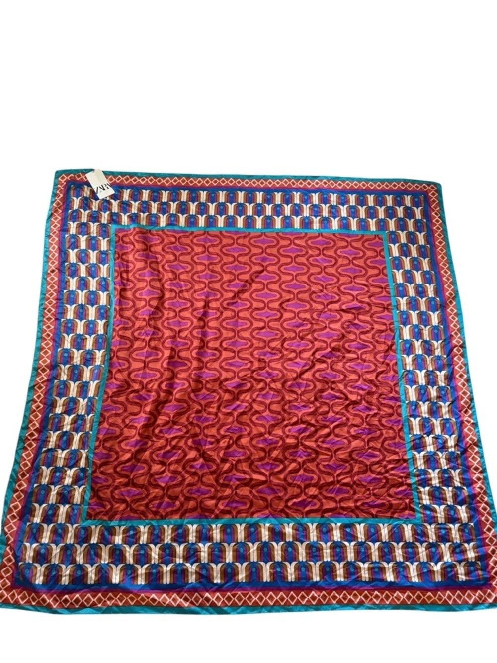 Zara Red Pink Blue Geometric Silk Scarf